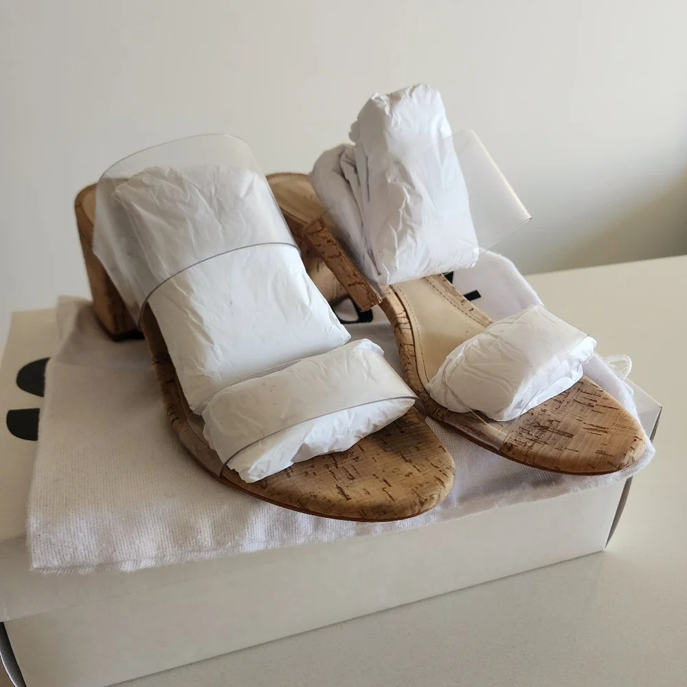 SCHUTZ Victorie Clear Strap Tan Block Heel Mules - Picture 2 of 13